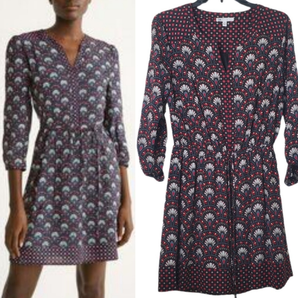 DR2 By Daniel‎ Rainn Black & Red Patterned Georgette Dress With Tie Waist
